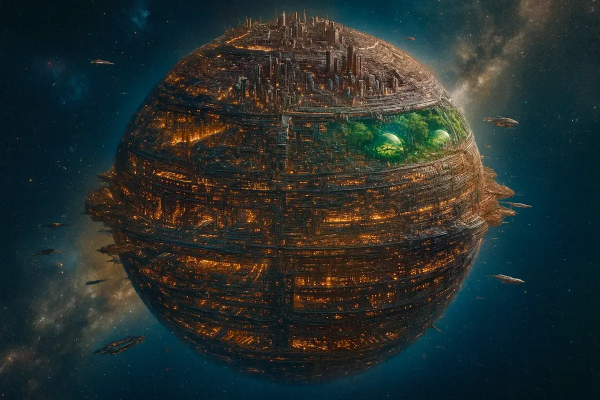 A spherical incredibly large megacity in space with space ships surrounding it. In the background, a distant galaxy, and distant stars.