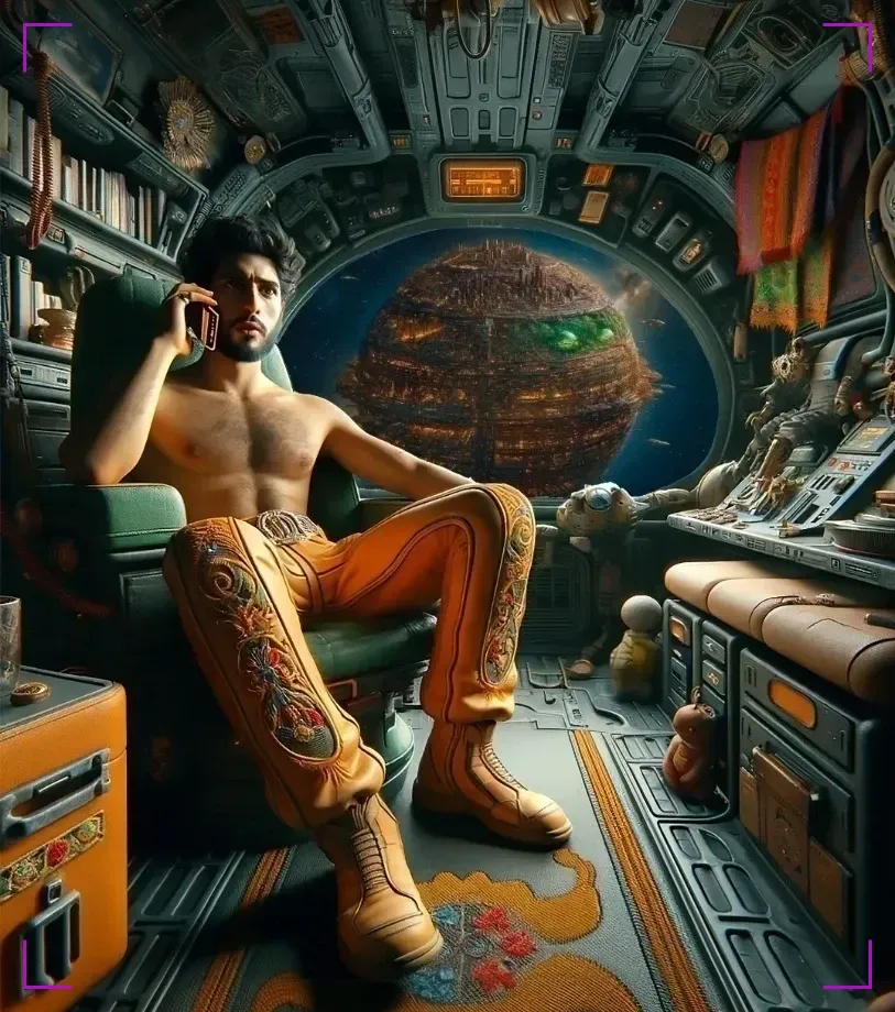 Illustration of a shirtless Latino man with embroidered pants sitting in a futuristic spaceship cockpit, speaking on a communicator, with a massive planet visible through the window