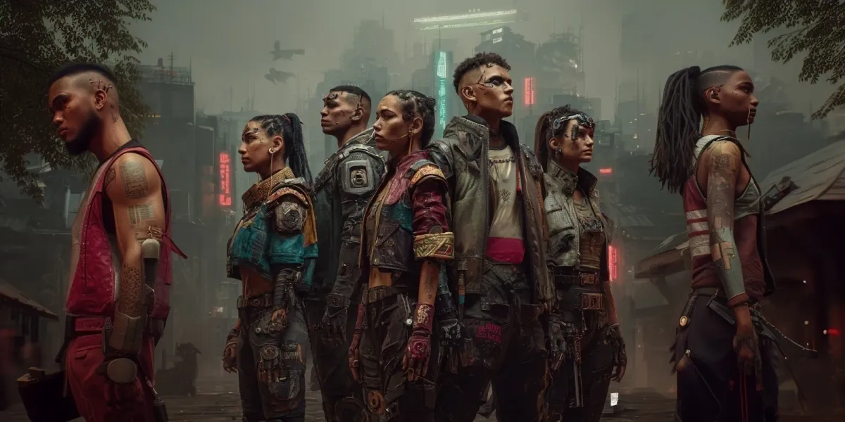 A group of Latino young men and women in a futuristic city looking to the horizon with a cyberpunk megacity in the background and flying ships and holographic ads
