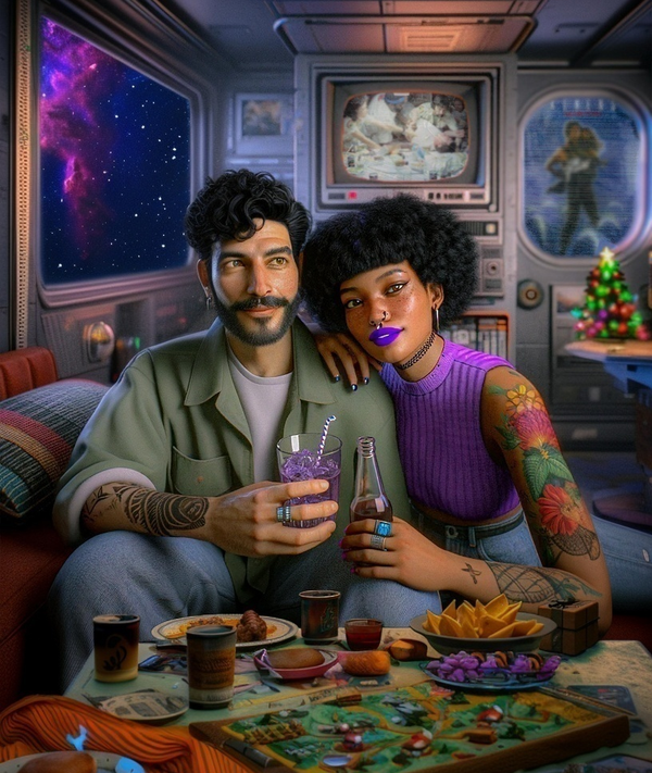 Illustration of a Latino man and a Black Latina woman sitting in a spaceship, sharing drinks and food, a galaxy visible through the window and the movie Alien playing on a TV screen