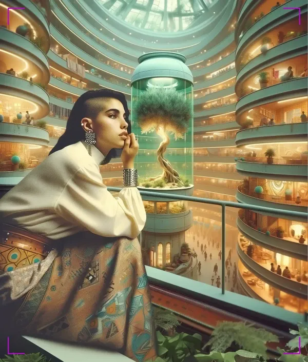 Illustration of a Latina woman with an undercut hairstyle and traditional patterned skirt sitting in a futuristic atrium, gazing at a glowing tree preserved in a glass capsule