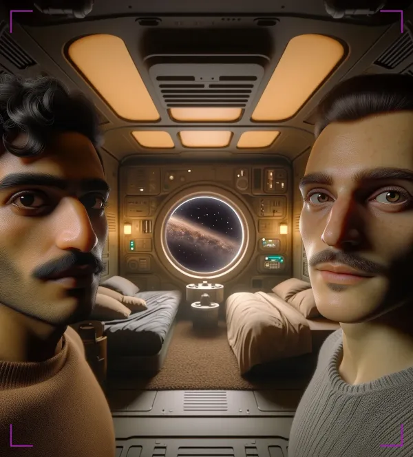 Illustration of two Latino men inside a futuristic spaceship cabin with beds, looking at the viewer, while a galaxy is visible through the round window