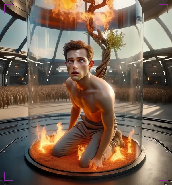 Illustration of a young Latino man kneeling shirtless inside a glass chamber with flames around him and a burning tree, while a futuristic crowd watches