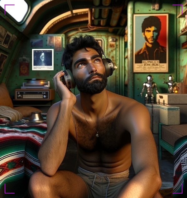 A bearded Latino man wearing headphones sits in a cozy futuristic room with green walls, listening to music peacefully as warm sunlight illuminates his face.