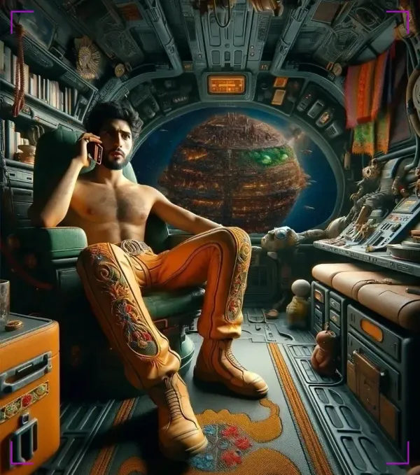Illustration of a shirtless Latino man with embroidered pants sitting in a futuristic spaceship cockpit, speaking on a communicator, with a massive planet visible through the window