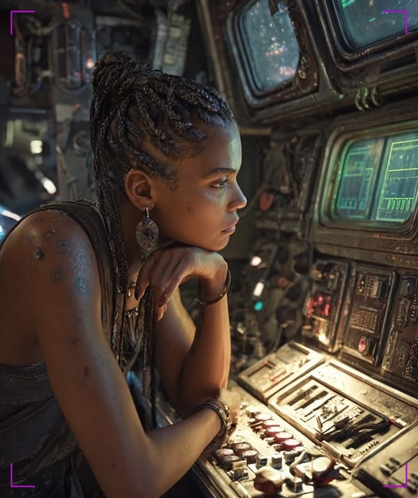 Afro-Latina woman in a dimly lit spaceship cockpit, gazing thoughtfully at glowing control screens showing galaxies.