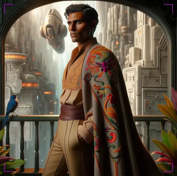 Illustration of a Latino man in futuristic clothing with an embroidered cape, standing on a balcony in a sci-fi city, with a spaceship in the background and a blue bird perched nearby